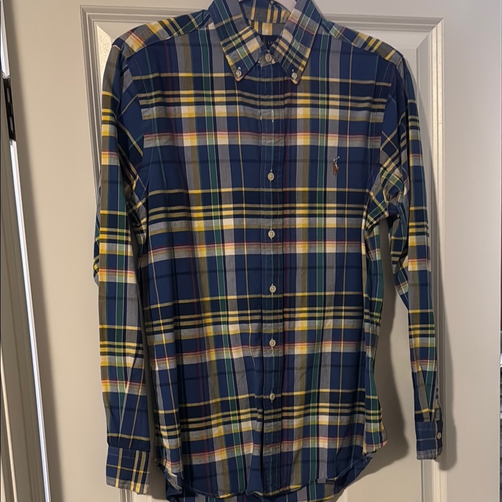 Blue and Yellow Casual Button Down Shirt with Plaid Pattern